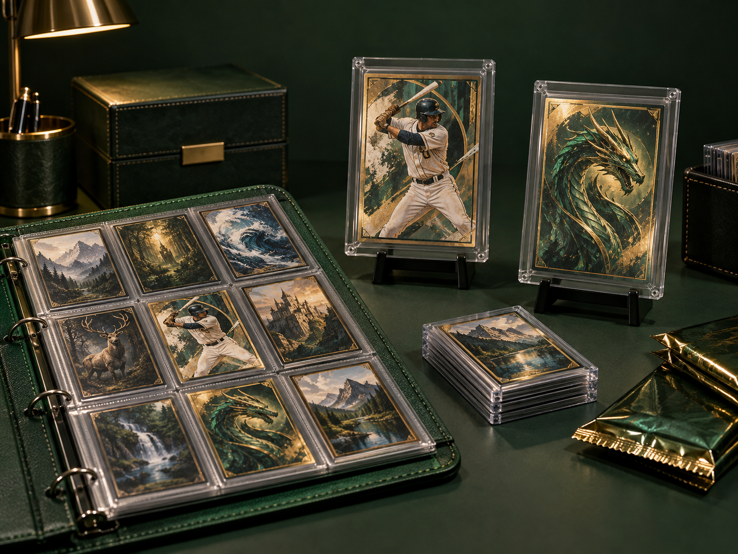 Sports and fantasy card artwork displayed in a collector binder and protective cases
